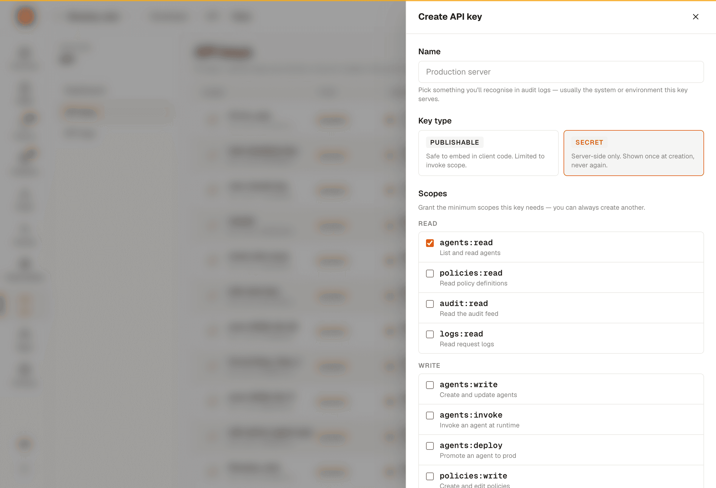 Create API key form
