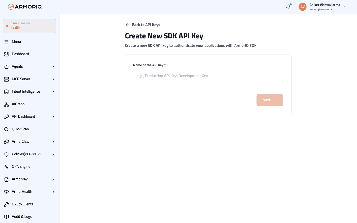Create API key form