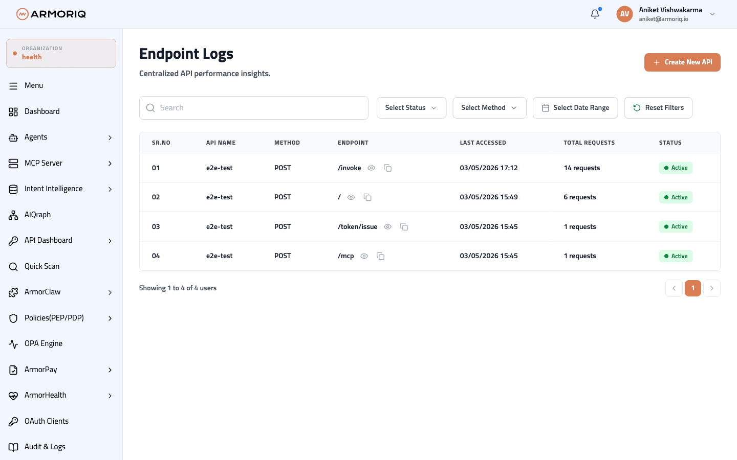 Endpoint logs table