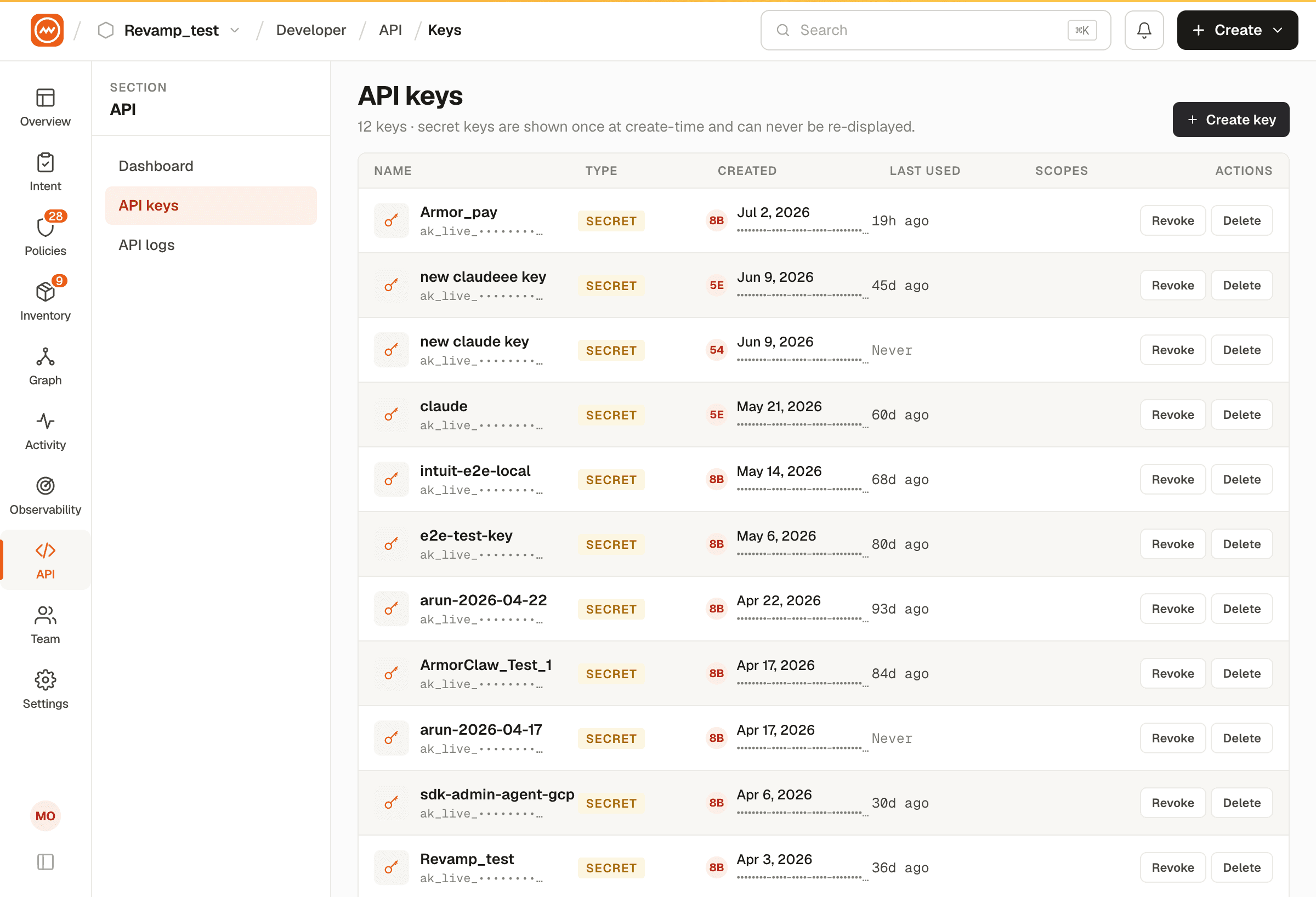 API key management table