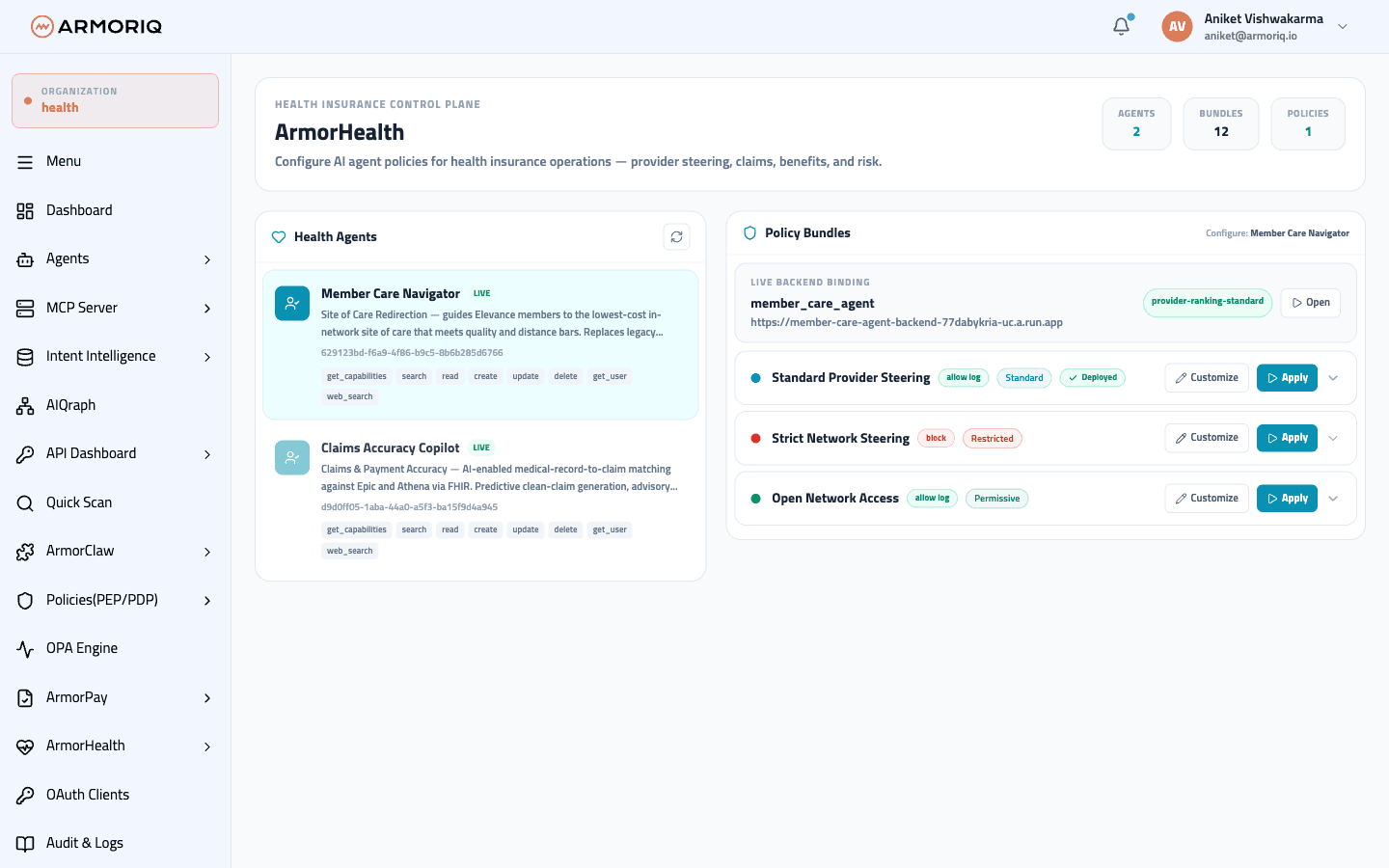 ArmorHealth dashboard overview