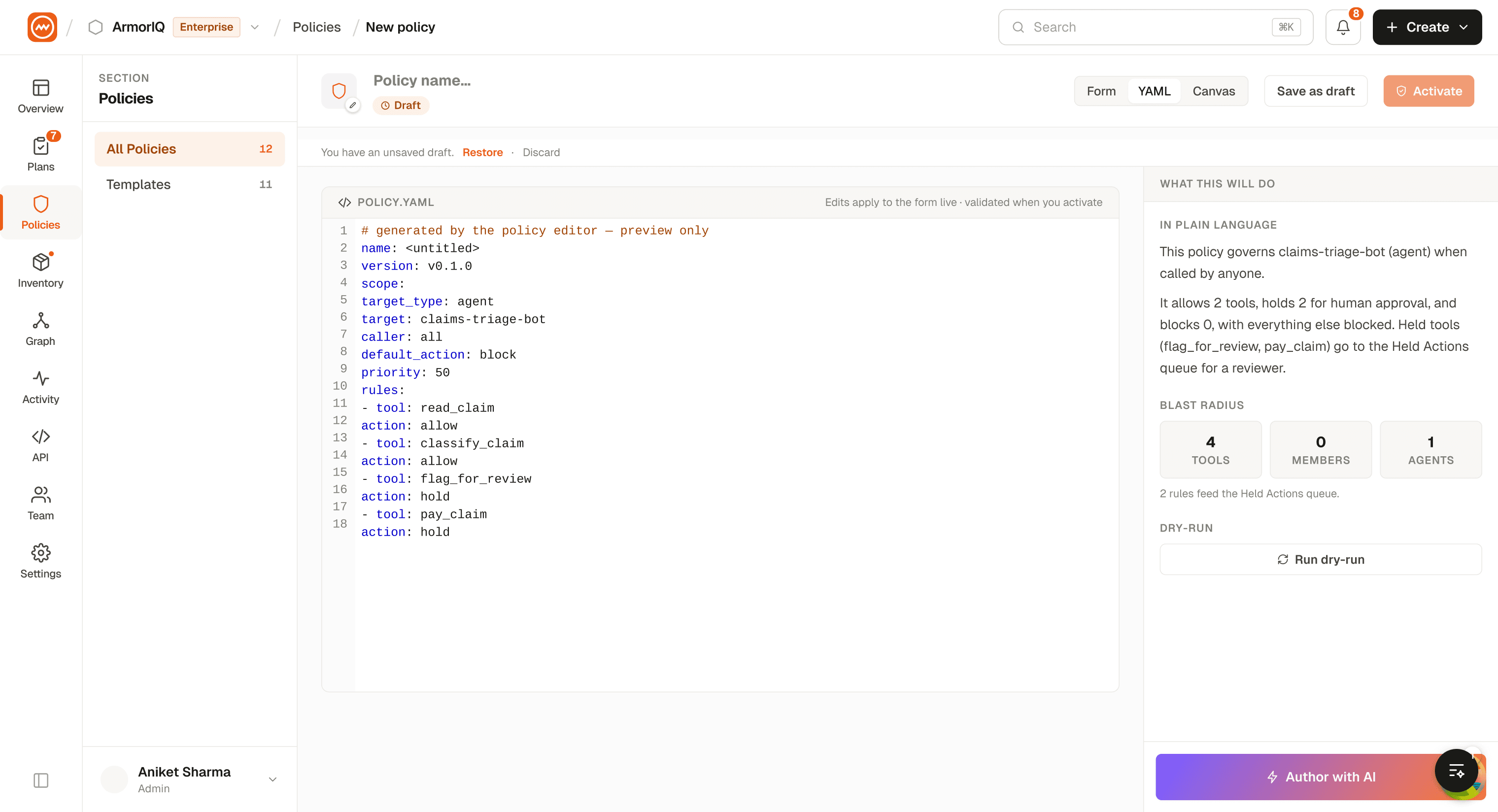 YAML editor with policy preview
