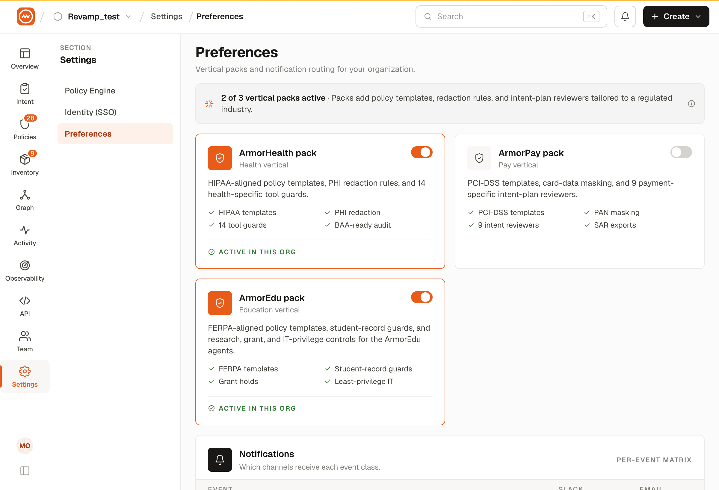 Product Preferences page