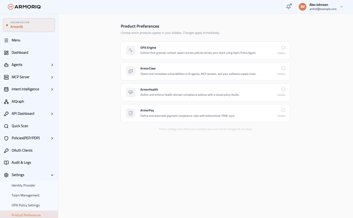 Product Preferences page
