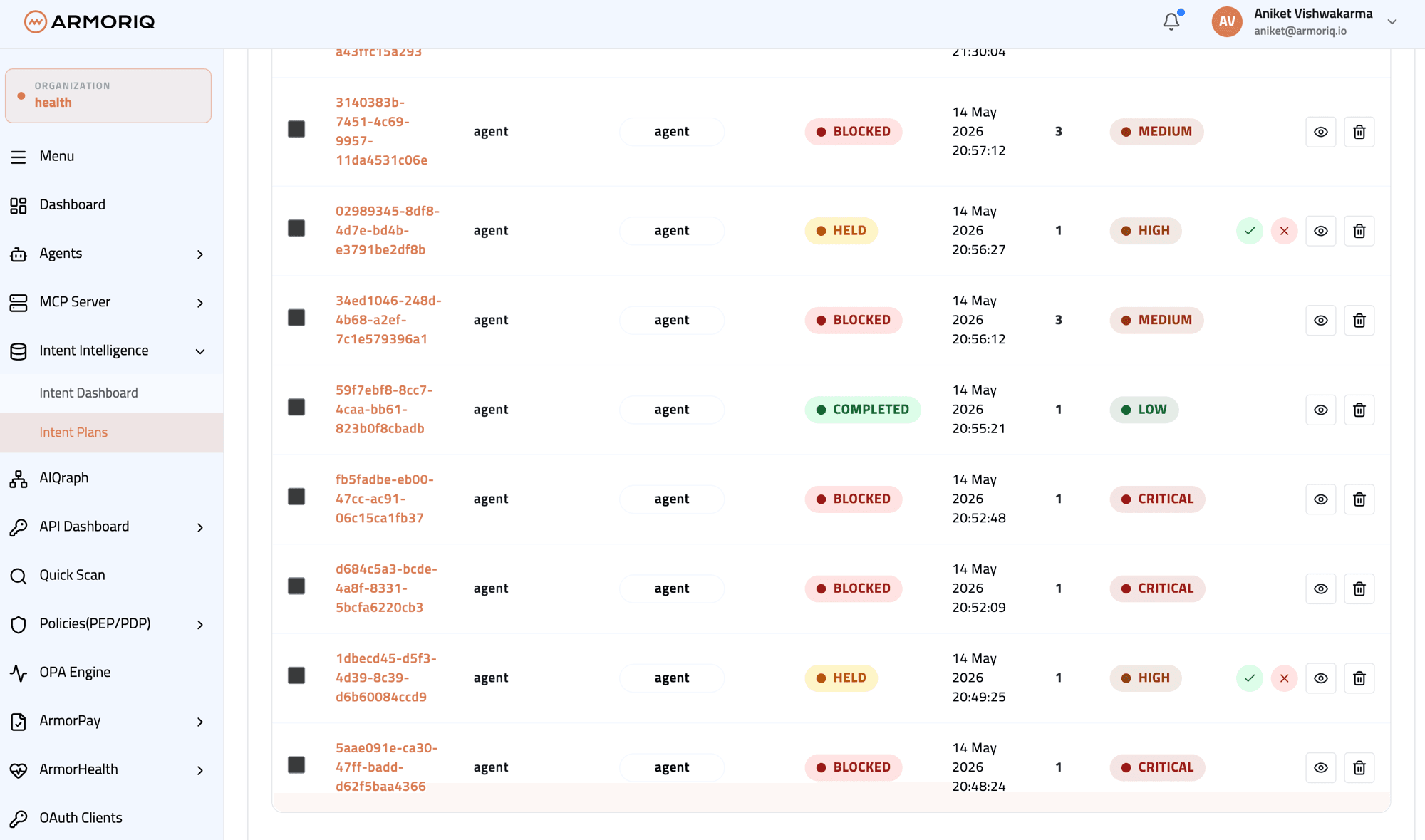 Intent Plans list